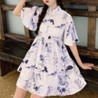 Printed Short-sleeve Shirt Dress As Shown In Figure - One Size