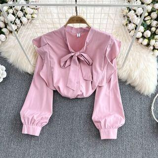 Long Sleeve Plain Ruffle Tie Neck Shirt