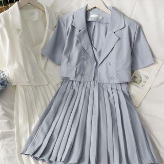 Set: Double-breasted Crop Blazer + Pleated Midi Dress