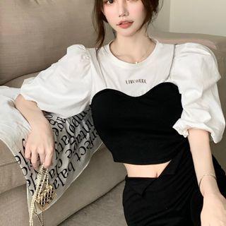 Puff-sleeve Mock Two-piece Top Puff-sleeve Mock Two-piece Top - One Size