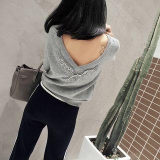 V-neck Rhinestone Paneled Knit Top