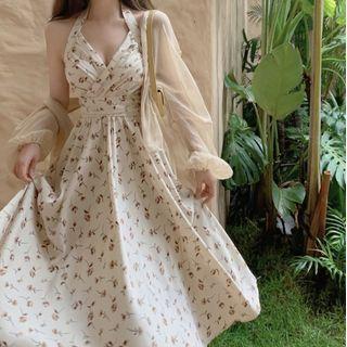 Halter Floral A-line Dress / Cardigan