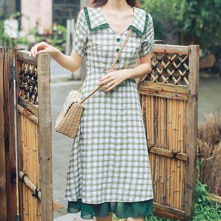 Short-sleeve Frill Trim Plaid A-line Midi Dress