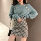 Collared Faux Pearl Sweater / Plaid Mini Straight-fit Skirt