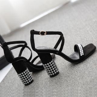 Rhinestone Block Heel Cross Strap Sandals