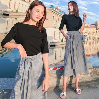 Set: Elbow Sleeve T-shirt + Striped Tie-waist Skirt