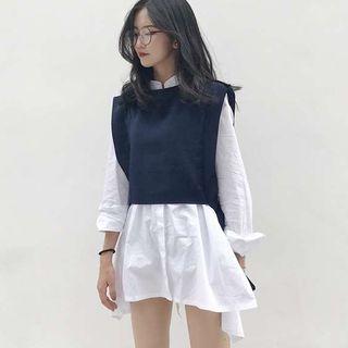 Set: Plain Vest / Plain Long-sleeve Loose-fit Blouse