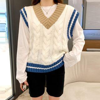 V-neck Contrast-trim Cable-knit Vest Ivory - One Size