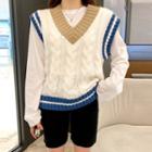 V-neck Contrast-trim Cable-knit Vest Ivory - One Size