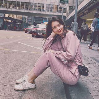 Long-sleeve Zip Drawstring-waist Jumpsuit
