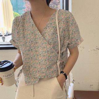 Floral Print Short-sleeve Wrap Top