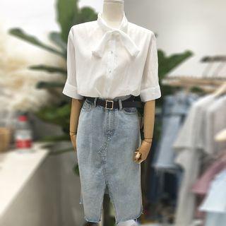 Set: Bow Neck Blouse + Fitted Denim Skirt