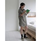 Elbow-sleeve Mini Striped Shirtdress