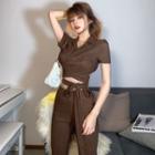 Short-sleeve Collared Tie-waist Crop Top / Pants