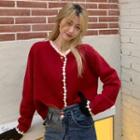 Long-sleeve Contrast Trim Plain Sweater Red - One Size