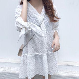 Lace Elbow-sleeve Tie Cuff A-line Dress White - One Size