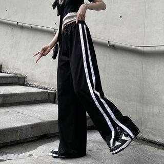 Elastic Waist Striped Slit-side Wide-leg Pants