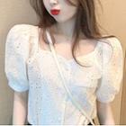 Square-neck Puff-sleeve Crochet Blouse