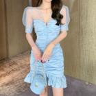 Puff-sleeve Embellished Mini Mermaid Dress