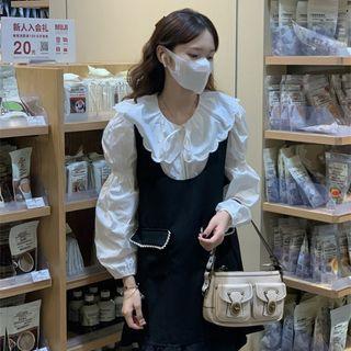 Puff Long-sleeve Doll Collar Blouse / Mini A-line Overall Dress