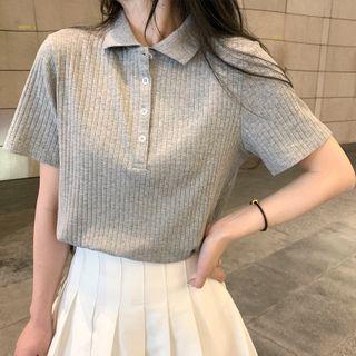 Elbow-sleeve Polo-neck Ribbed Knit Top