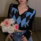 Collared Argyle Cropped Sweater Blue - One Size