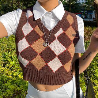 Argyle Print Cropped Sweater Vest
