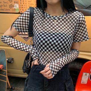 Set: Short-sleeve Plaid Top + Arm Sleeves With Arm Sleeves - Black - One Size