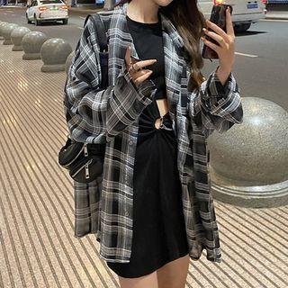 Chain Detail Short Sleeve Cutout Sheath Dress + Long Sleeve Plaid Shirt