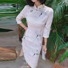 3/4-sleeve Embroidered Sheath Qipao Dress
