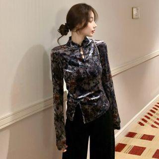 Long-sleeve Mandarin Collar Velvet Top