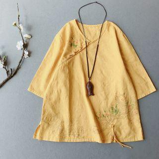Frog-button Flower Embroidered Linen Shirt
