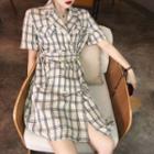 Plaid Short-sleeve Double-breasted Dress With Belt Plaid - One Size