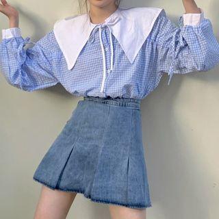 Contrast Collar Gingham Blouse / Denim Mini A-line Skirt