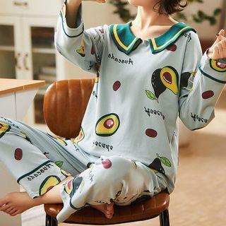 Loungewear Set : Lapel Avocado Print Top + Pants