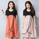 Short-sleeve Two-tone Midi Dress