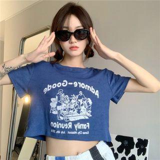 Short-sleeve Printed Crop T-shirt Blue - One Size