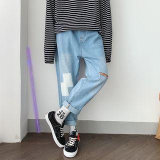 High-waist Color Block Ripped Jeans