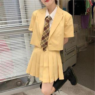 Short-sleeve Cropped Blazer / Shirt / Pleated Mini A-line Skirt / Necktie