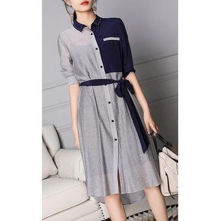 Elbow-sleeve Panel Shirtdress With Sash