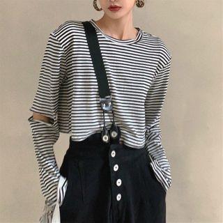 Striped Distressed Long-sleeve Crop T-shirt