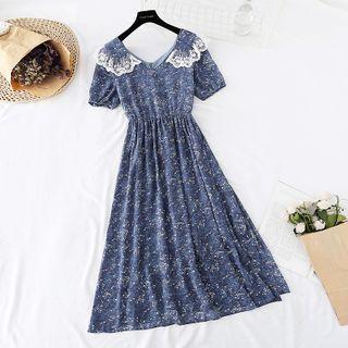 Short-sleeve Floral Print Lace Collar Midi Chiffon Dress
