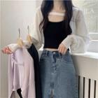 Long-sleeve Cropped Cardigan / Plain Camisole Top