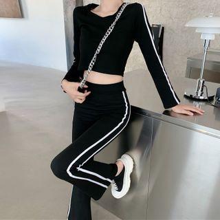 Long-sleeve Hooded Stripe-side T-shirt / Boot-cut Pants