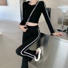 Long-sleeve Hooded Stripe-side T-shirt / Boot-cut Pants
