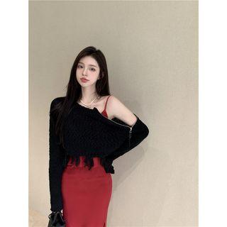 Spaghetti-strap Sheath Dress / Fringed Sweater