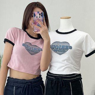 Heart-print Ringer Cropped T-shirt