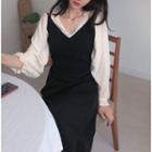 Long-sleeve Plain Blouse / Plain Spaghetti-strap Midi Dress