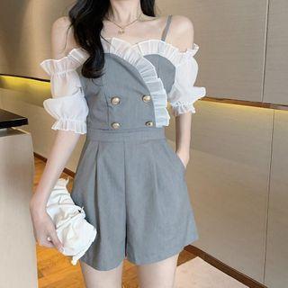 Ruffled Cold-shoulder Elbow-sleeve Playsuit