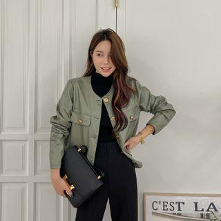 Flap Metallic-button Faux-leather Jacket